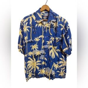 Vintage Jams World Men’s Edition Blue Palm‎ Tree Print Button Down Size Medium